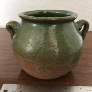Decorative Pottery Bowl or Vase with 2 Handles - green with tan base